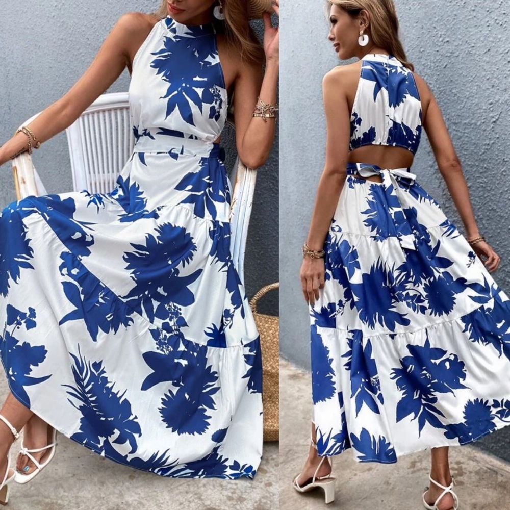 Boho gypsy tropical leaves print open back dress